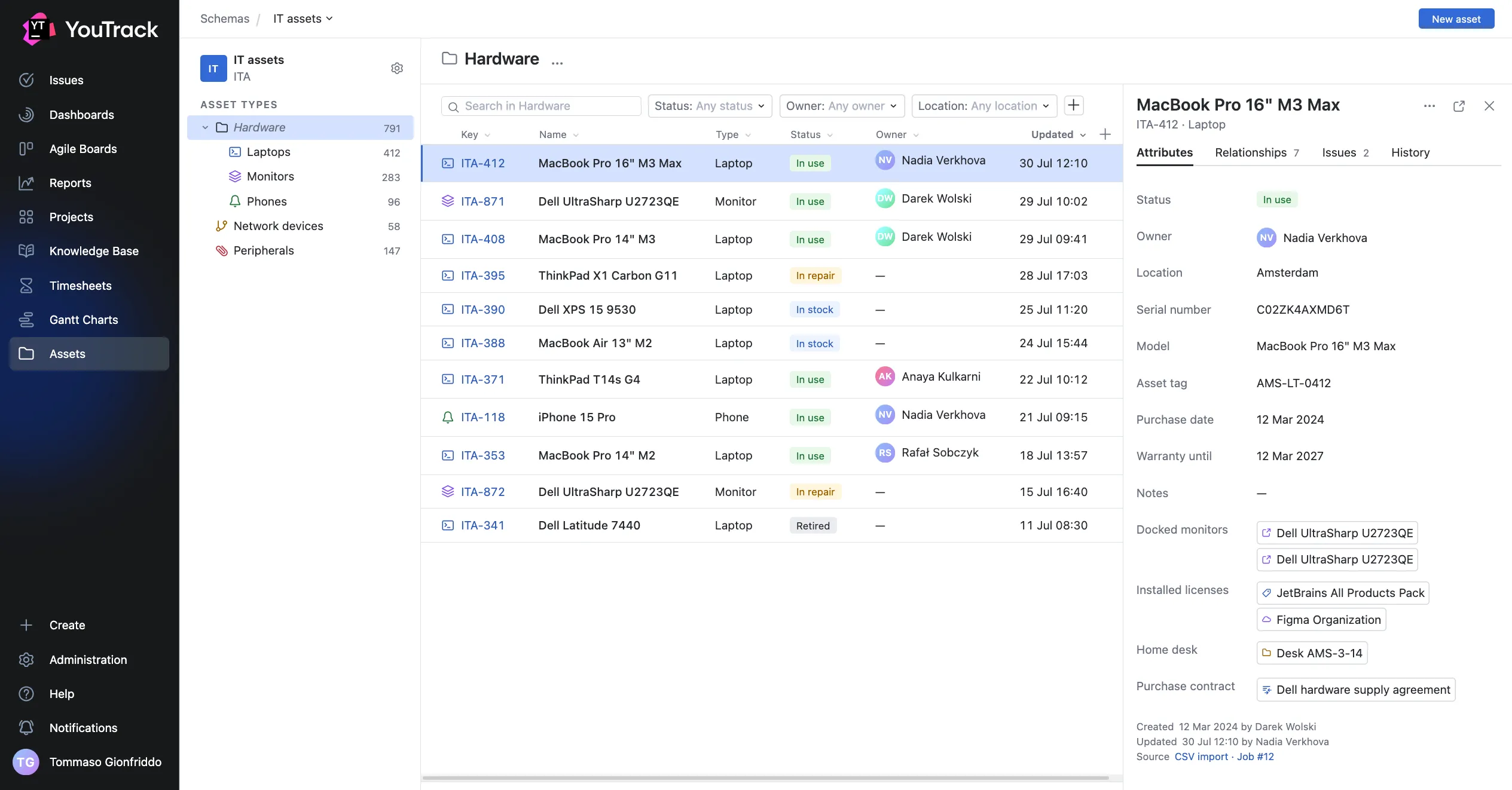 Design preview of the Assets workspace in YouTrack